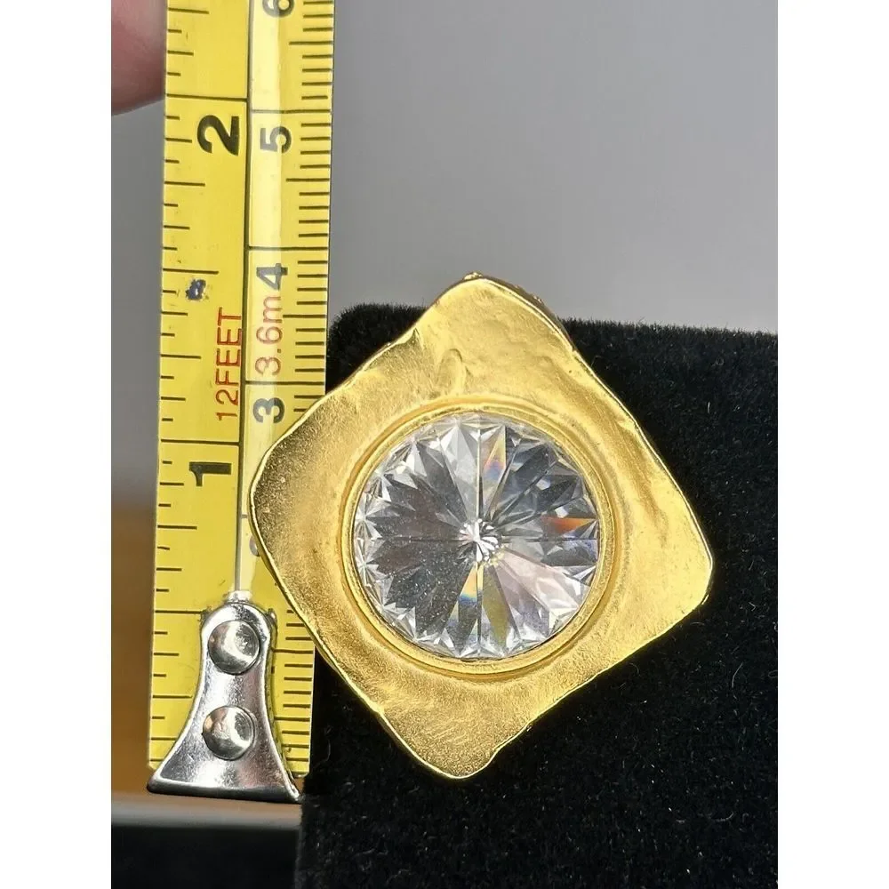 BOLD 80'S‎ COUTURE GOLD TONED & LARGE RIVOLI CRYSTAL STONE CLIP ON EARRINGS - Picture 5 of 5